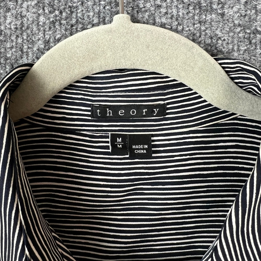 Theory Womens 100% Silk Pinstripe Long Button Down Shirt Black White Size M - Picture 3 of 10